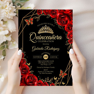 Invitation Quinceanera Black Red Gold Floral