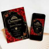 Invitation Quinceanera Black Red Gold Floral