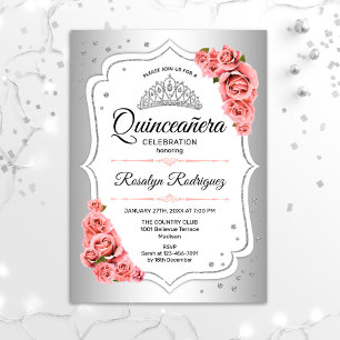 Invitation Quinceanera - Blanc Argent Rose