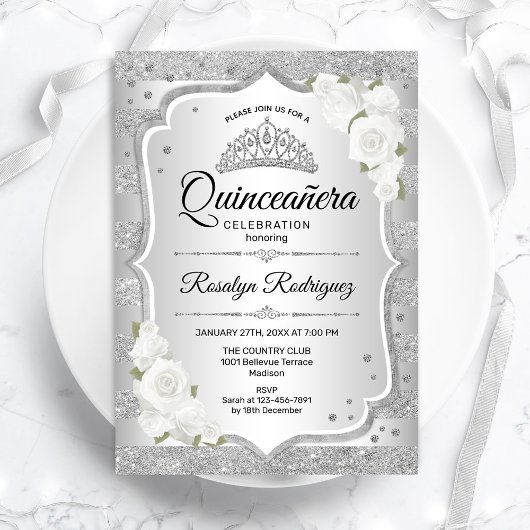 Invitation Quinceanera blanc argenté