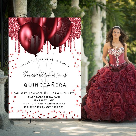Invitation Quinceanera blanc ballons rouges luxe