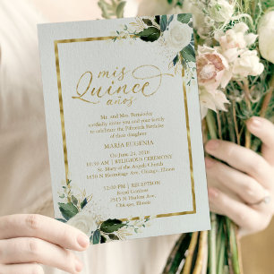 Invitation Quinceanera Blanc Feuille D'or Floral