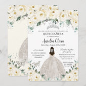Invitation Quinceañera blanc ivoire Floral Argent Tiara robe (Devant / Derrière)