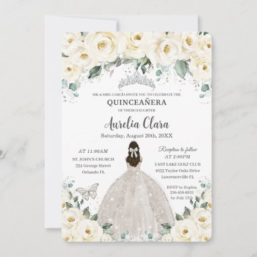 Invitation Quinceañera blanc ivoire Floral Argent Tiara robe (Devant)