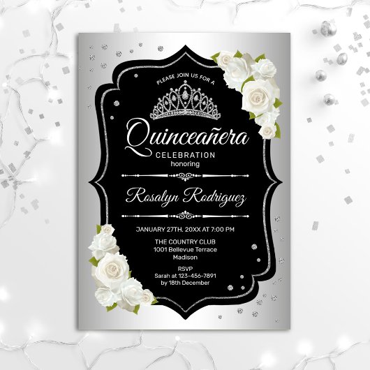 Invitation Quinceanera - Blanc Noir Argent