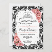 Invitation Quinceanera - Blanc Noir Damas Blush rose (Devant)