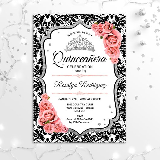 Invitation Quinceanera - Blanc Noir Damas Blush rose