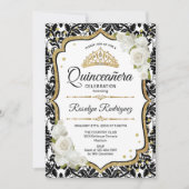 Invitation Quinceanera - Blanc Noir Damas Or (Devant)