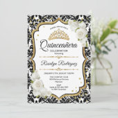 Invitation Quinceanera - Blanc Noir Damas Or (Debout devant)