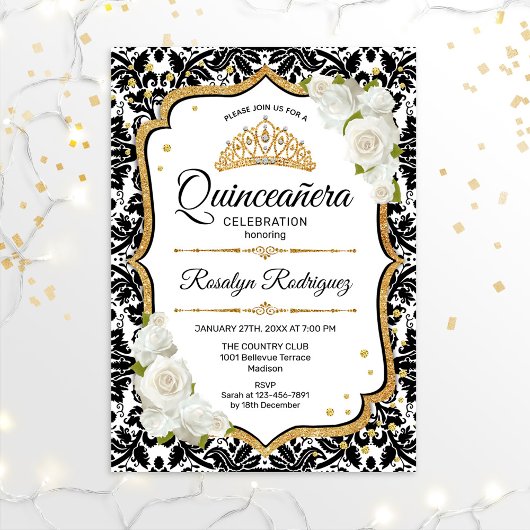 Invitation Quinceanera - Blanc Noir Damas Or