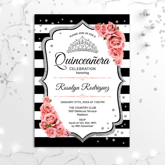Invitation Quinceanera - Blanc Noir Noir Rose