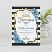 Invitation Quinceanera - Blanc Noir Or Bleu (Debout devant)
