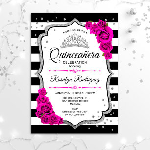 Invitation Quinceanera - Blanc noir rose argent