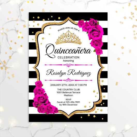 Invitation Quinceanera - Blanc Noir Rose Or