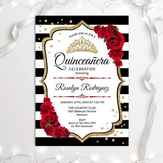 Invitation Quinceanera - Blanc Noir Rouge Or