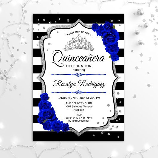 Invitation Quinceanera - Blanc Noir Royal Bleu Argent