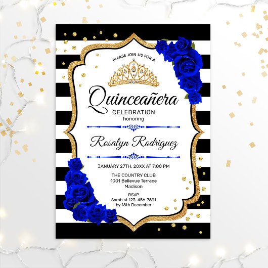 Invitation Quinceanera - Blanc Noir Royal Bleu Or