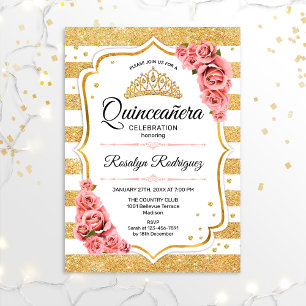 Invitation Quinceanera - Blanc Or Blush rose