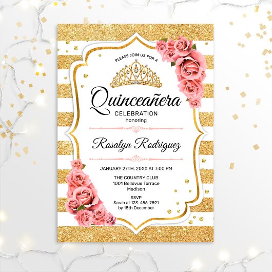 Invitation Quinceanera - Blanc Or Blush rose