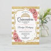 Invitation Quinceanera - Blanc Or Blush rose (Debout devant)