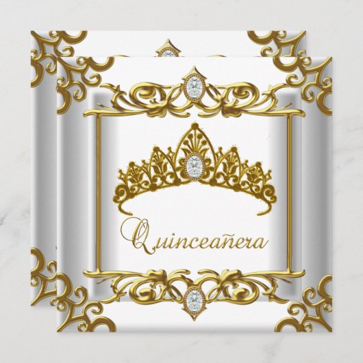 Invitation Quinceanera blanc or Tiara 15e anniversaire (Devant / Derrière)