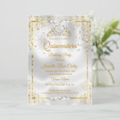 Invitation Quinceanera Blanc Or Tiara Diamond Coeurs (Debout devant)