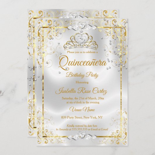 Invitation Quinceanera Blanc Or Tiara Diamond Coeurs (Devant / Derrière)