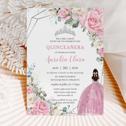 Invitation Quinceañera Blanc Rose Floral Argent 16e anniversa