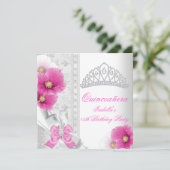 Invitation Quinceañera Blanc rose Floral Diamant Tiara (Debout devant)