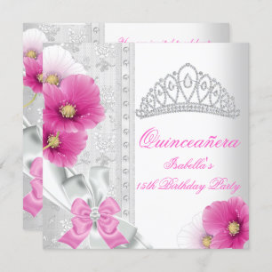 Invitation Quinceañera Blanc rose Floral Diamant Tiara