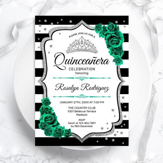 Invitation Quinceanera blanche d'argent Emerald Green