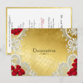 Invitation Quinceanera Blanche dentelle rouge Roses sur or (Devant / Derrière)