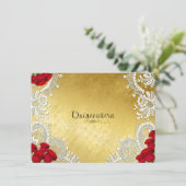 Invitation Quinceanera Blanche dentelle rouge Roses sur or (Debout devant)