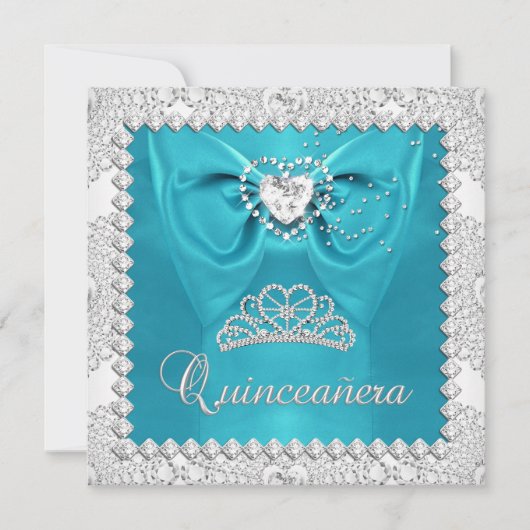 Invitation Quinceanera blanche turquoise en argent 15e annive (Devant)