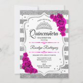 Invitation Quinceanera - Blancs argenté rose chaud (Devant)