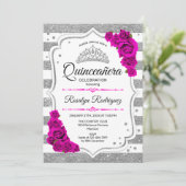 Invitation Quinceanera - Blancs argenté rose chaud (Debout devant)