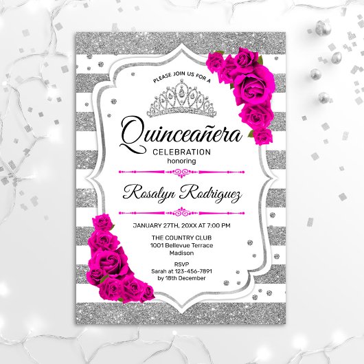 Invitation Quinceanera - Blancs argenté rose chaud