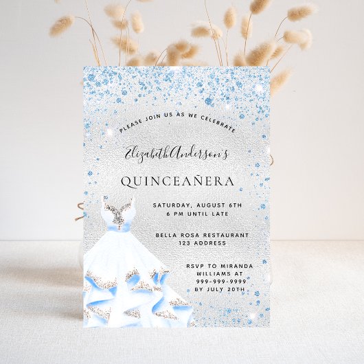 Invitation Quinceanera bleu argent brillant robe élégante