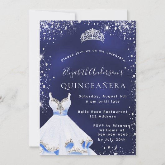 Invitation Quinceanera bleu argent parties scintillant robe t (Devant)