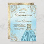 Invitation Quinceanera Bleu Bébé Et Or Léger (Devant / Derrière)