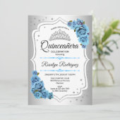 Invitation Quinceanera - Bleu blanc argenté (Debout devant)