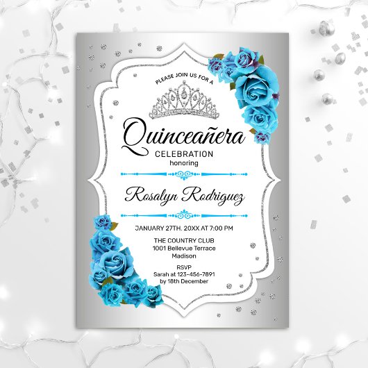 Invitation Quinceanera - Bleu blanc argenté