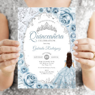 Invitation Quinceanera Bleu Bleu Argent Floral