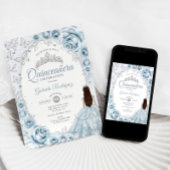 Invitation Quinceanera Bleu Bleu Argent Floral