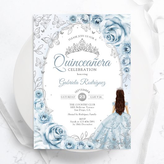 Invitation Quinceanera Bleu Bleu Argent Floral
