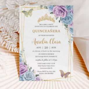Invitation Quinceanera Bleu Bleu pourpre Lilac Or Floral