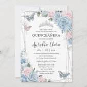 Invitation Quinceañera Bleu Bleu rose pâle papillons floraux (Devant)