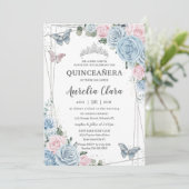 Invitation Quinceañera Bleu Bleu rose pâle papillons floraux (Debout devant)