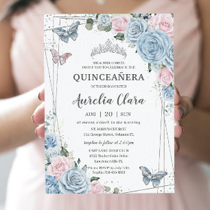 Invitation Quinceañera Bleu Bleu rose pâle papillons floraux