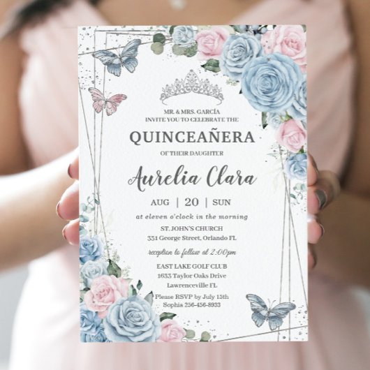 Invitation Quinceañera Bleu Bleu rose pâle papillons floraux